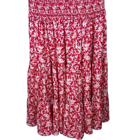 LIKELY AVRA BITTERSWEET & WHITE FLORAL SMOCK WAIST PUFF SLEEVE V NECK MIDI DRESS - Picture 9 of 15